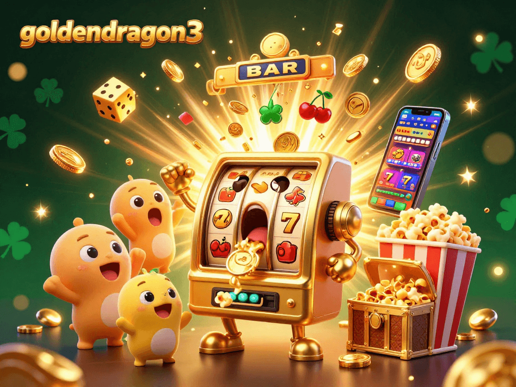 Play goldendragon3 as a lively golden slot machine celebrates hitting a jackpot in a vibrant casino scene.