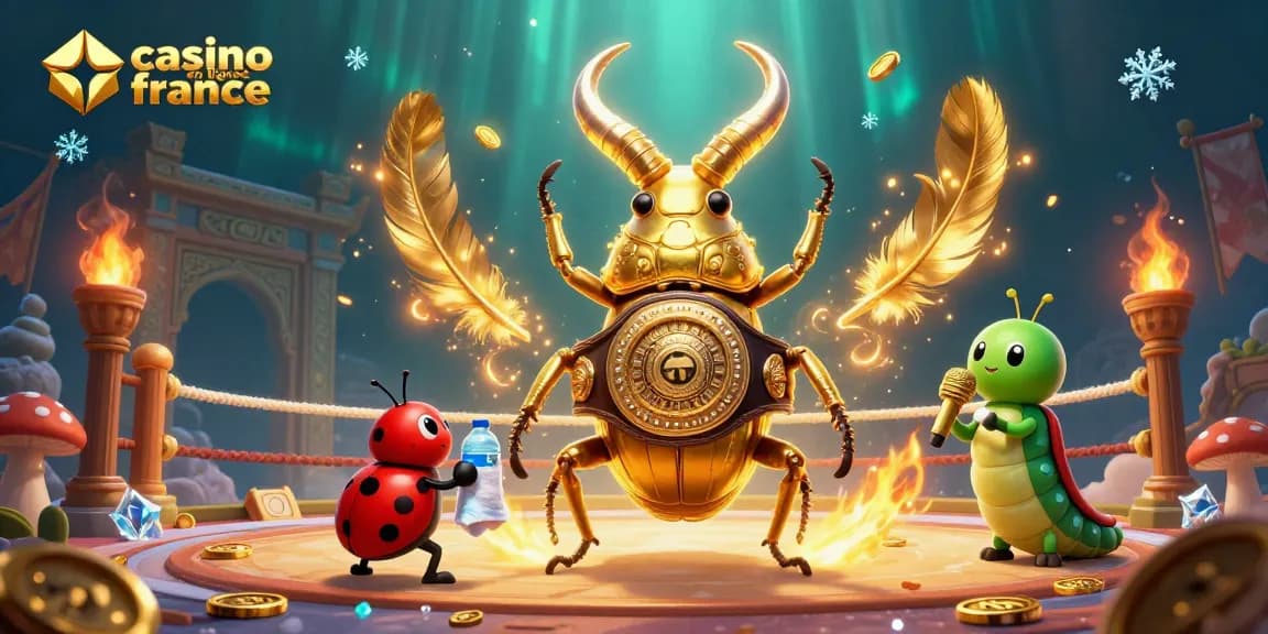 Illustration dynamique sur le thème des jeux, présentant un combat avec un scarabée doré et un public captivé dans un casino en ligne France.