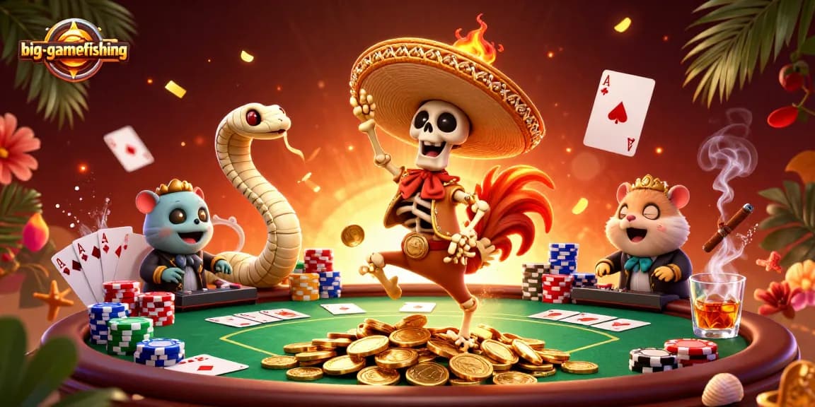 Experience the thrill of big-gamefishing at this lively casino scene with vibrant characters.