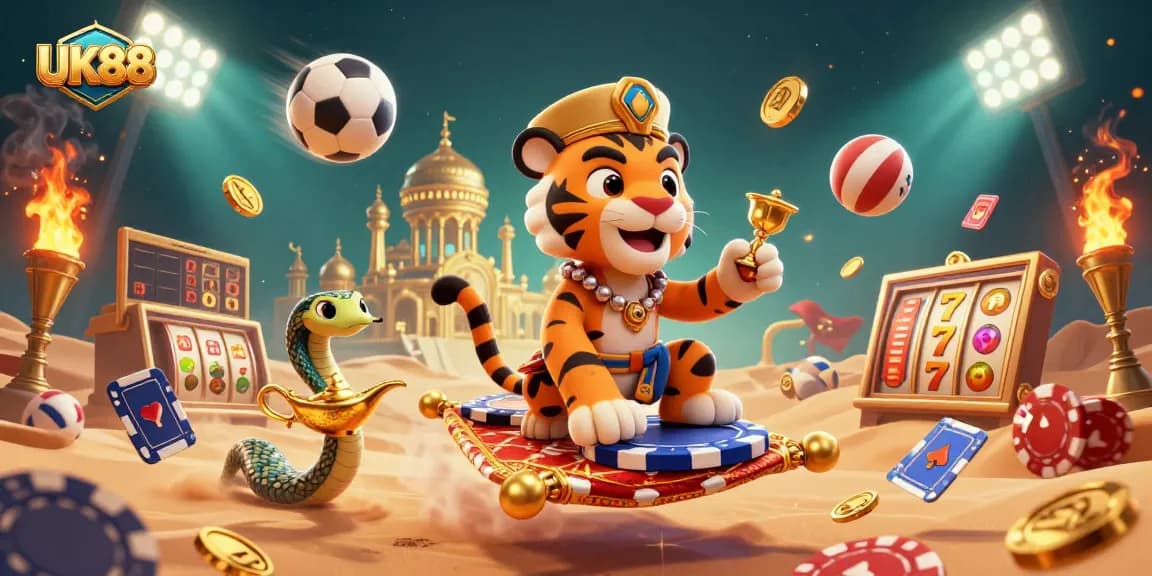 Win big with UK88 as a tiger sultan navigates a vibrant casino scene filled with action.