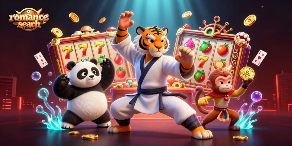 Engage in winning spins with romance-search as a kung fu tiger master leads a panda and monkey in a vibrant casino scene.
