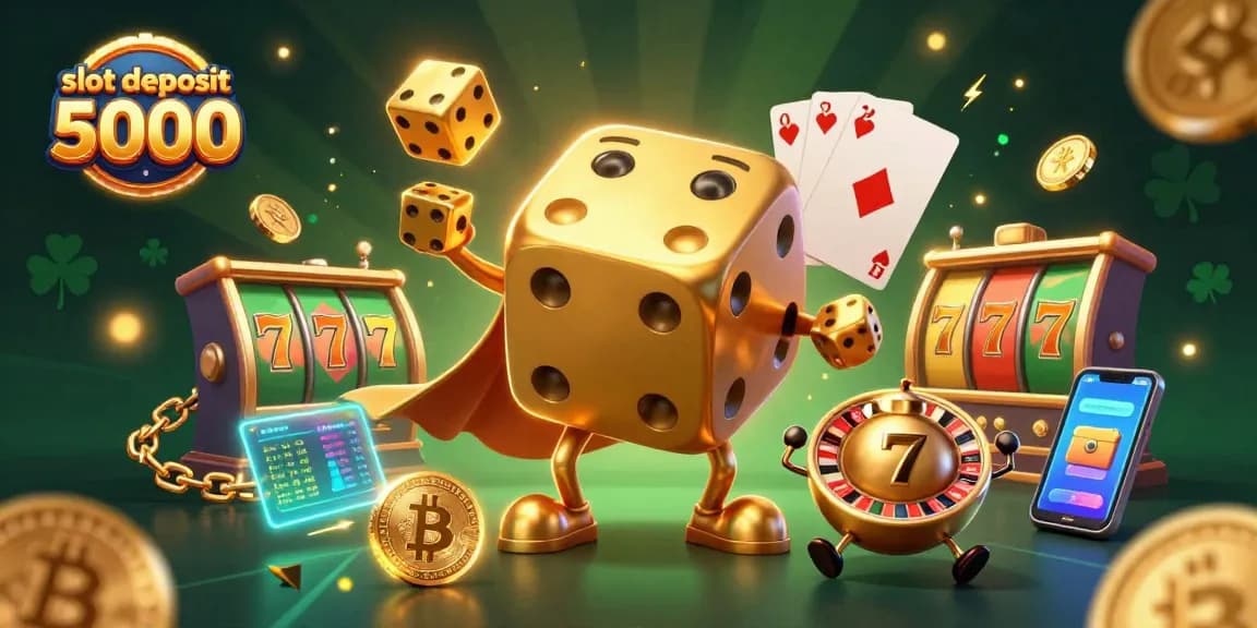 Play exciting games at slot deposit 5000, featuring golden dice and slot reels in a vibrant casino scene.