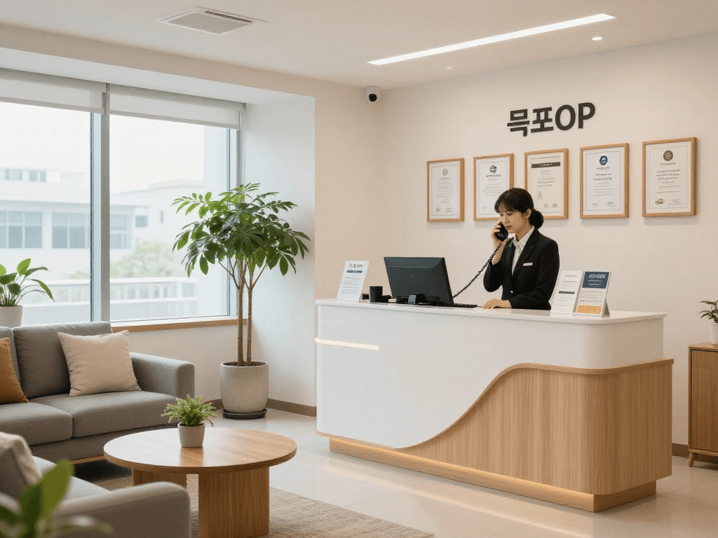 목포OP 서비스를 제공하는 세련된 사무실 내부, 고객을 맞이하는 리셉션과 아늑한 라운지 공간이 담긴 이미지입니다.