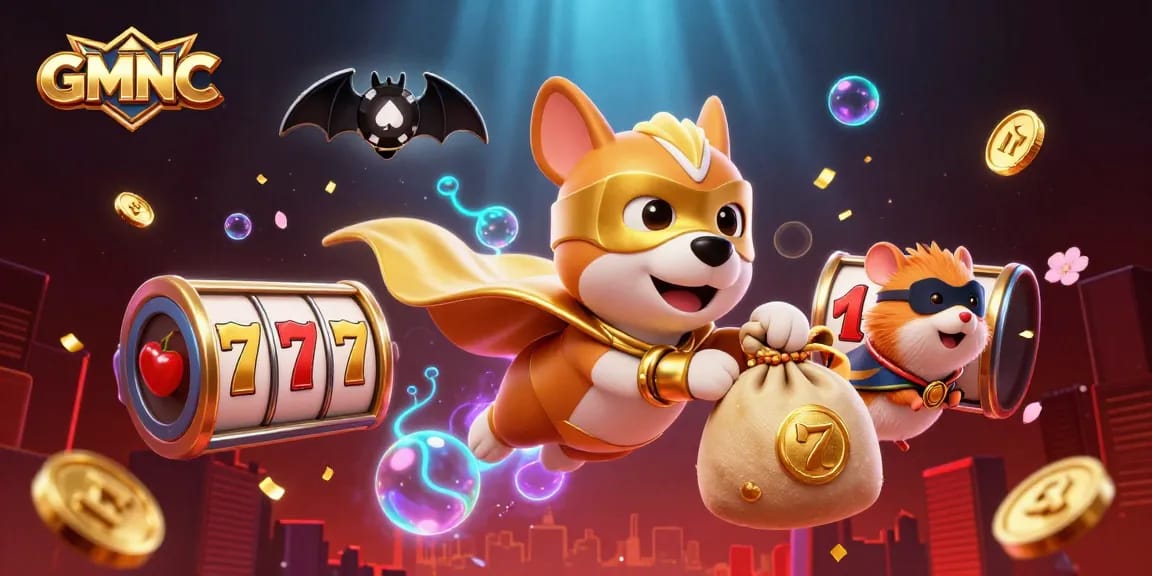 GMNC showcases a superhero dog flying with gold coins amidst vibrant casino elements.