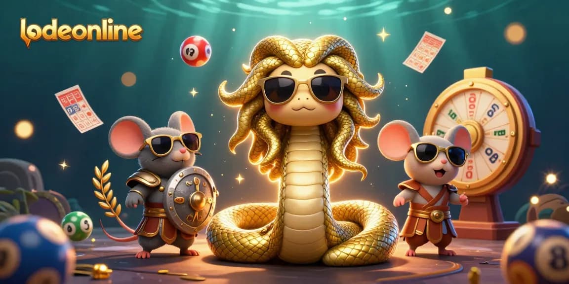 Play lottery with lodeonline while enjoying an animated scene featuring Medusa and a warrior mouse.