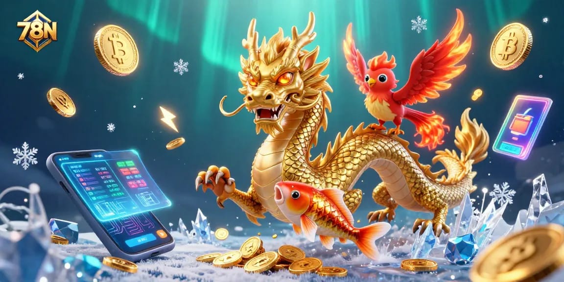 Ilustração 3D com dragão dourado e moedas de Bitcoin, trazendo sorte no 78N.