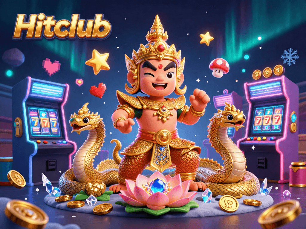 Hitclub's vibrant gaming scene showcases friendly temple guardians, slot reels, and energized arcade action.