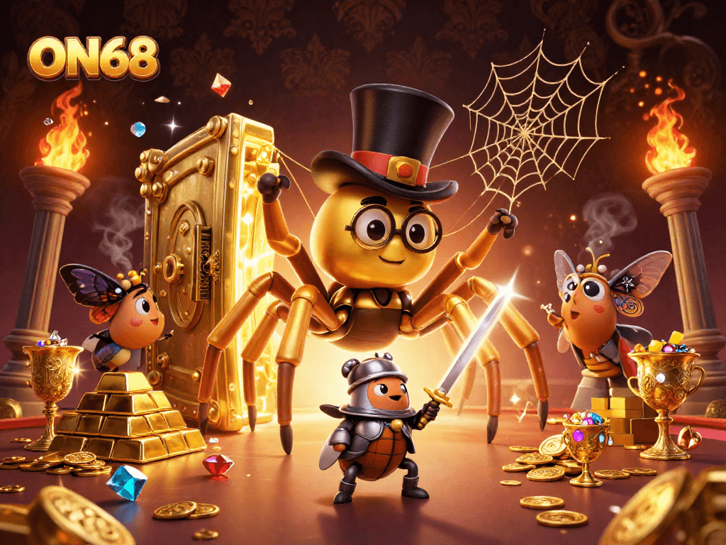 Experience the thrilling world of ON68 with captivating characters and sparkles in a vibrant casino setting.