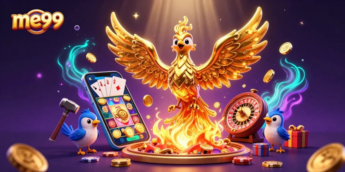 Engage with me99's thrilling casino experience featuring golden phoenix, vibrant games, and dazzling rewards.
