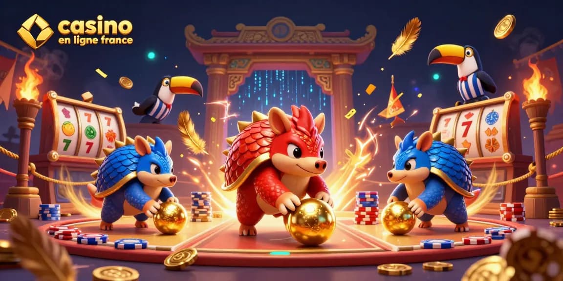 Animation d'un affrontement entre pangolins à un casino en ligne France avec des éléments de jeu en arrière-plan.