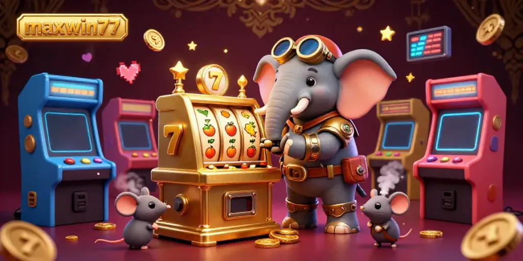 Experience maxwin77's vibrant gaming world with a cartoon elephant and dynamic slot machine.