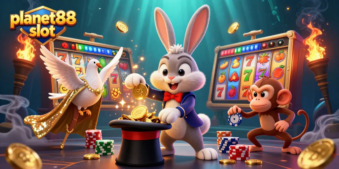 Experience the thrill of planet88 slot with a magician rabbit pulling golden coins and colorful game elements.