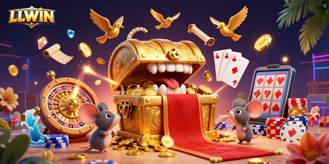 Experience the thrill of LLWIN with a vibrant 3D casino scene featuring treasure chests and winning symbols.