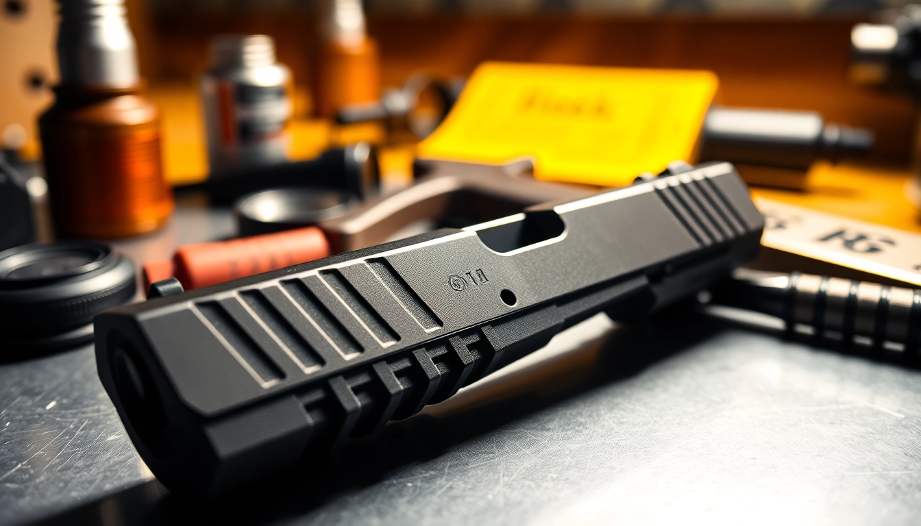 Highlighting the glock 17 slide with sleek design and precise details against a bright backdrop.