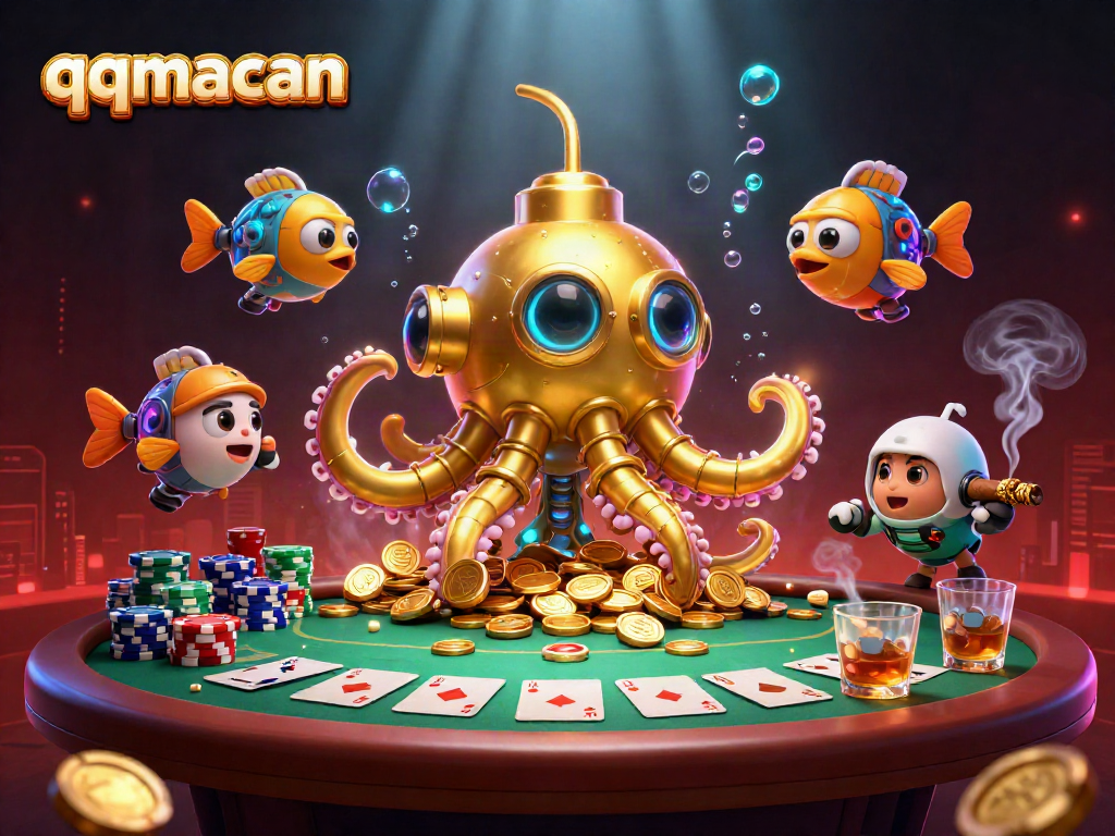 Experience thrilling gameplay with qqmacan and a 3D golden kraken submarine amidst poker elements and rich visuals.