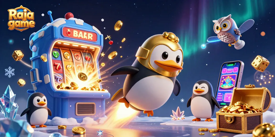 Experience the thrill of Raja game with a golden penguin racing towards a casino space station.