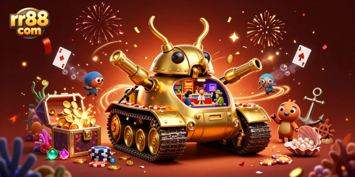 Win big at rr88 com with this vibrant casino scene featuring a golden tank and rich treasures!