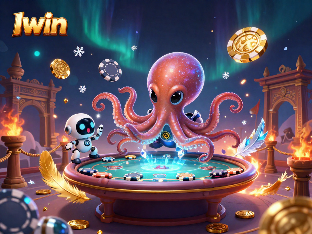 Iwin displays vibrant gambling action with an alien octopus masterfully managing a holographic poker game.
