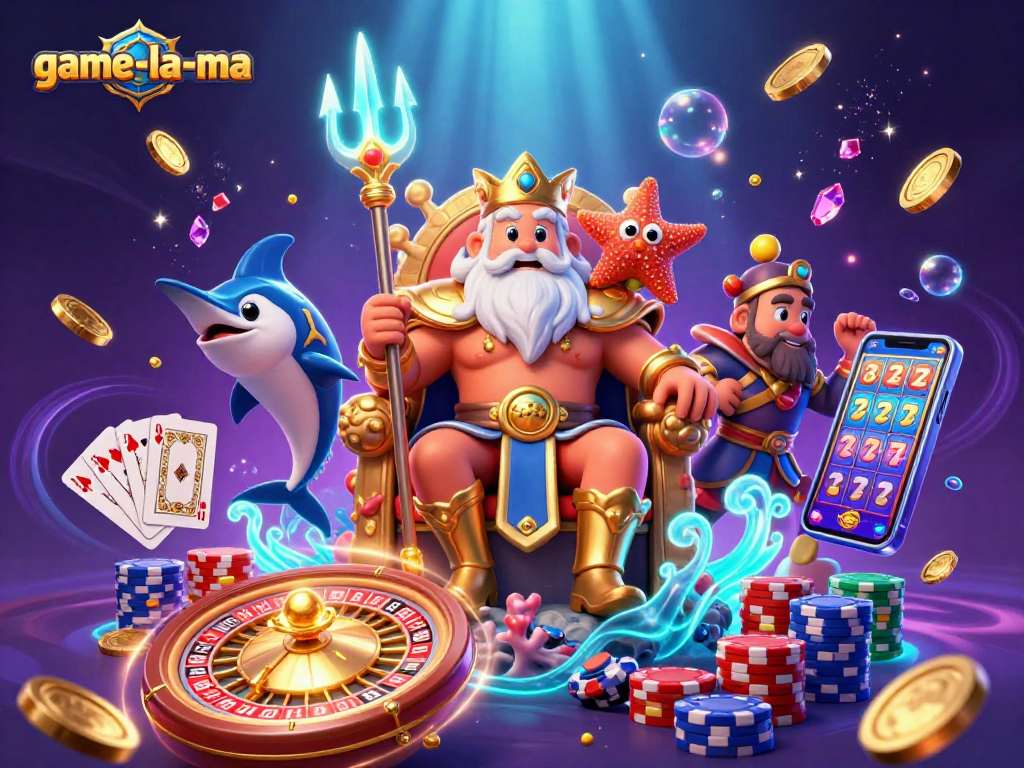 Engage with game-la-ma's vibrant casino world featuring Neptune with a trident and dynamic game elements.