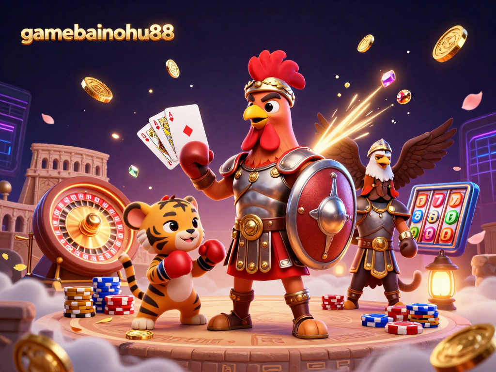 Join the adventure in gamebainohu88 as you collect cascading coins and gems in a thrilling gladiator-themed casino scene.