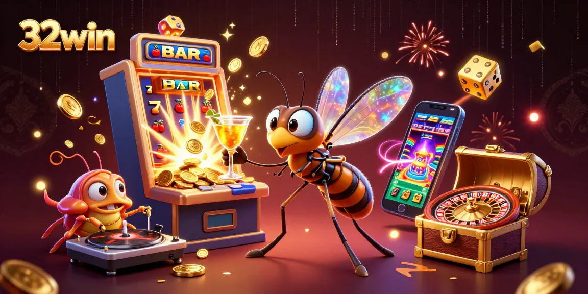 32win's exciting jackpot scene features a charming mosquito mascot, trilobite DJ, and golden roulette wheel.