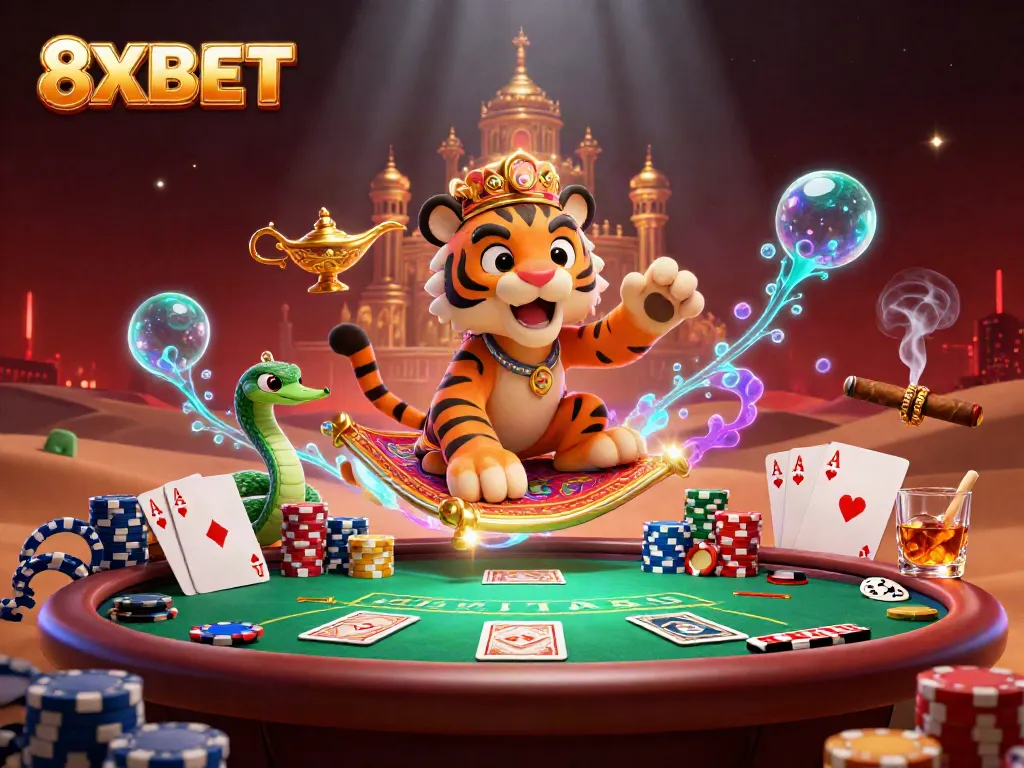 Experience the vibrant magic of 8XBET with a whimsical 3D illustration featuring a royal tiger sultan and poker elements.