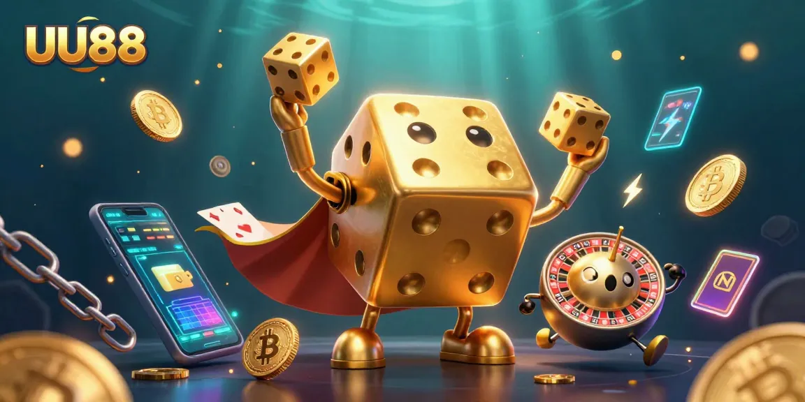 Join the excitement at UU88 with a lively golden dice golem and crypto elements in this vibrant casino scene.