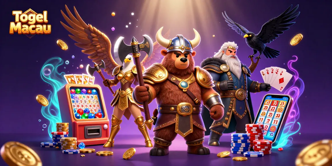 Togel Macau lottery scene with Viking bear, Valkyrie eagle, and glowing game elements