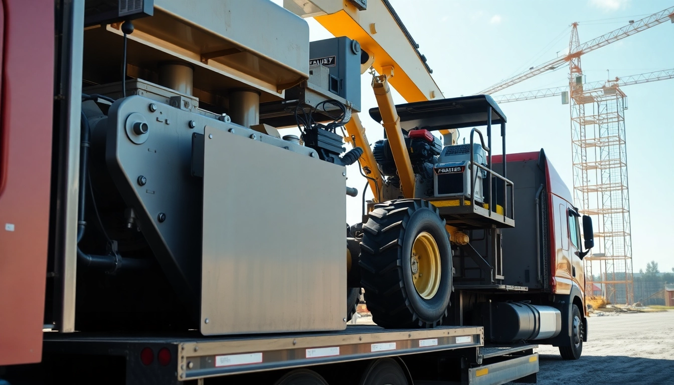 Loading heavy machinery for equipment transportation at a construction site with bright sunlight.