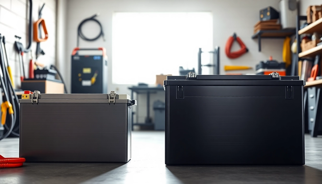 Showcasing high-quality lithium golf cart batteries in a workshop, emphasizing design and functionality.