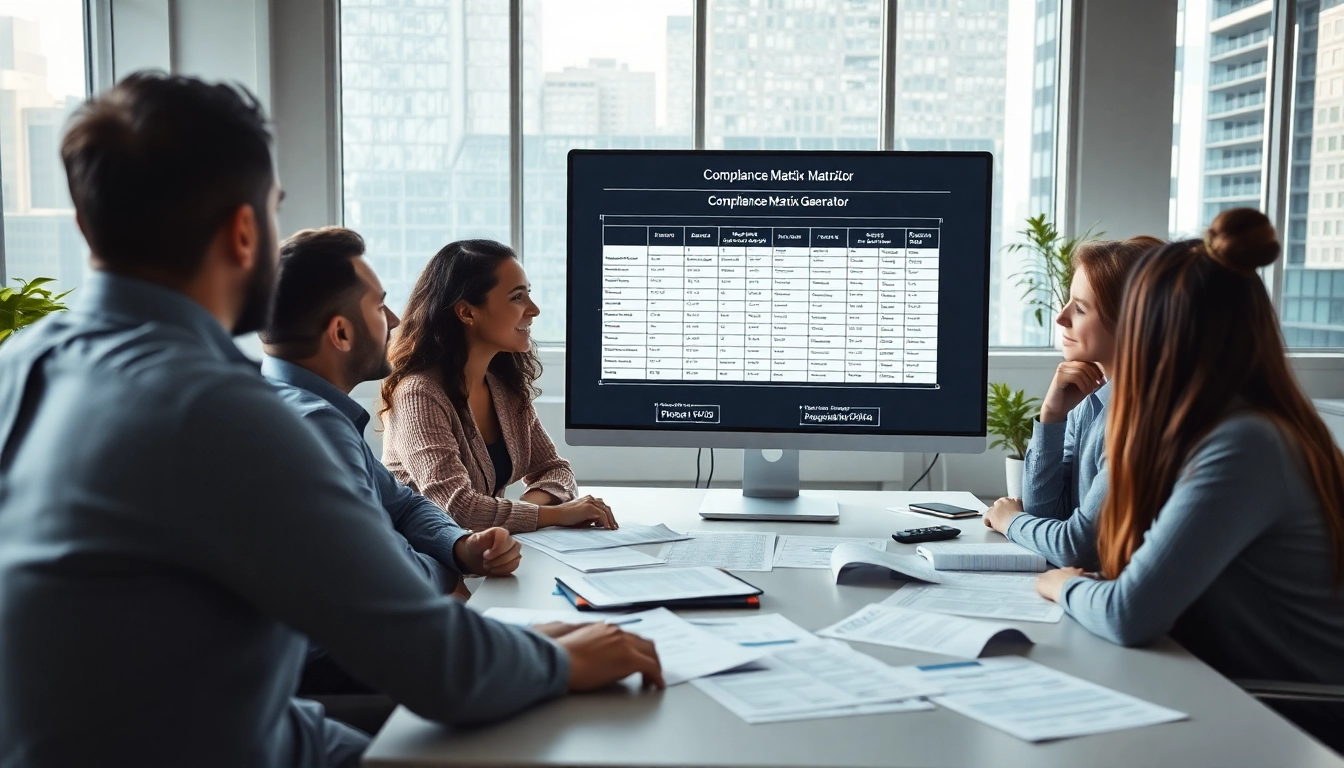 Team collaborating with compliance matrix generator in a modern office environment.