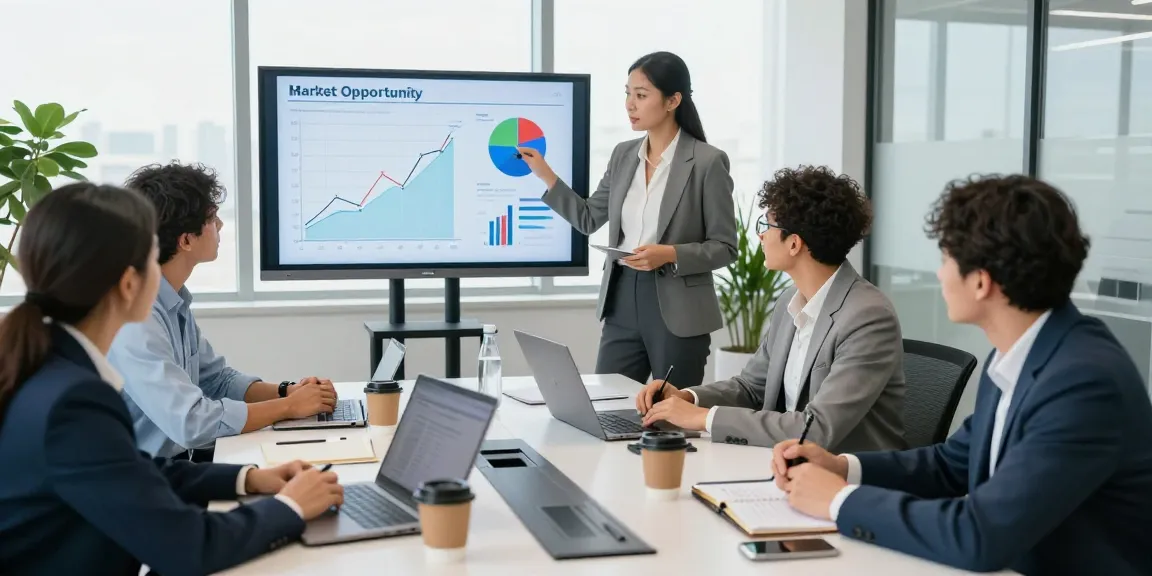 Team collaborating on market opportunity analysis in a modern office setting, showcasing data-driven decisions and strategic planning.