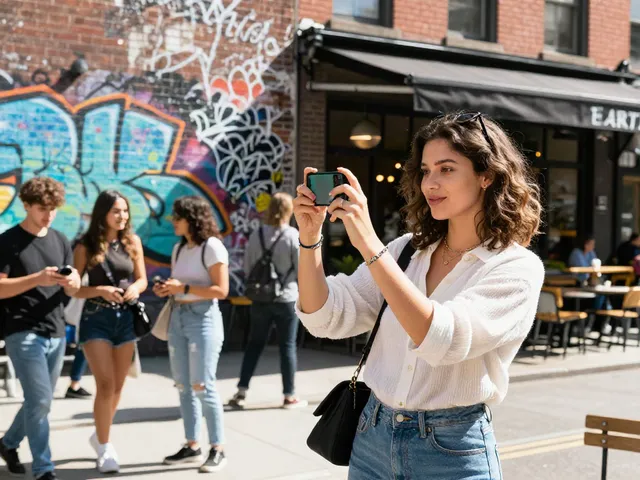 Ellie Nova enjoying urban lifestyle in trendy streetwear, capturing moments in a vibrant city atmosphere.