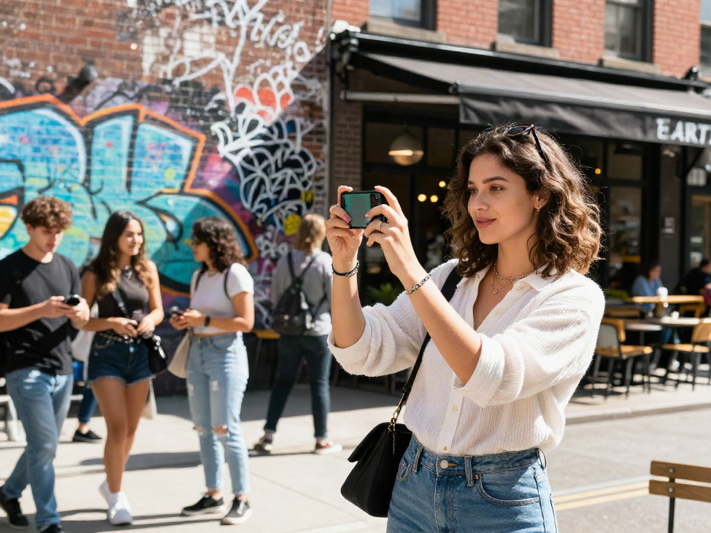 Ellie Nova enjoying urban lifestyle in trendy streetwear, capturing moments in a vibrant city atmosphere.