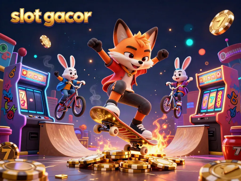 Witness the excitement of slot gacor with a cartoon fox and rabbit performing tricks above golden poker chips.