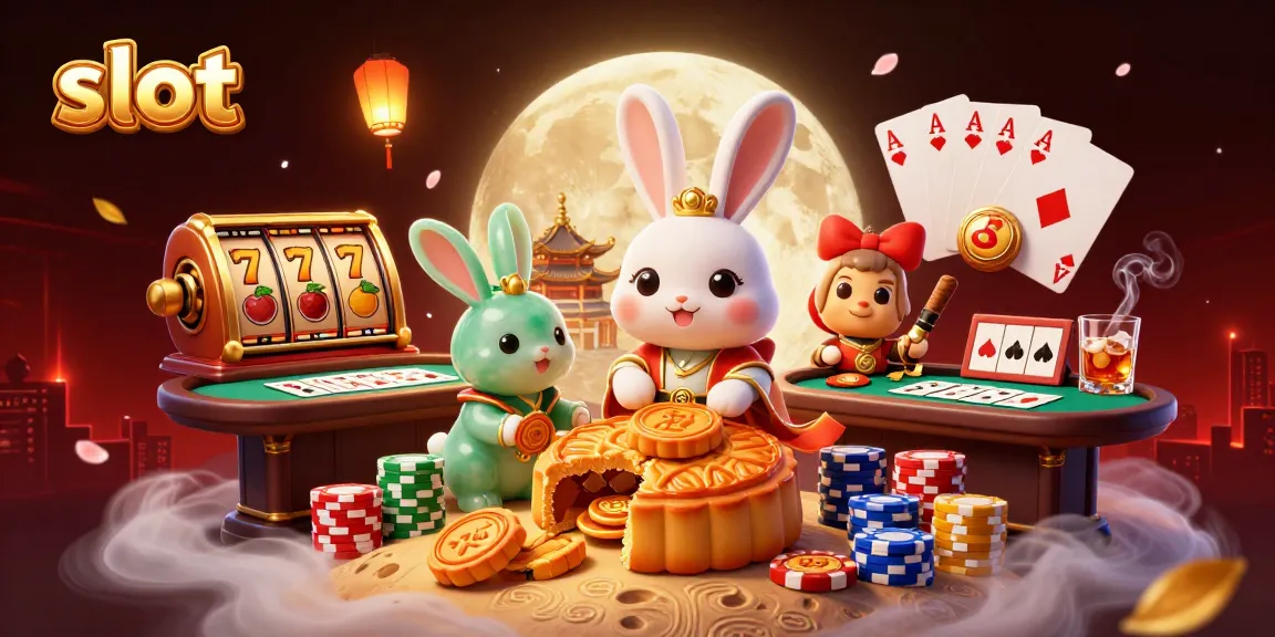Slot gacor menarik dengan karakter kelinci bulan dan simbol slot klasik di latar belakang.