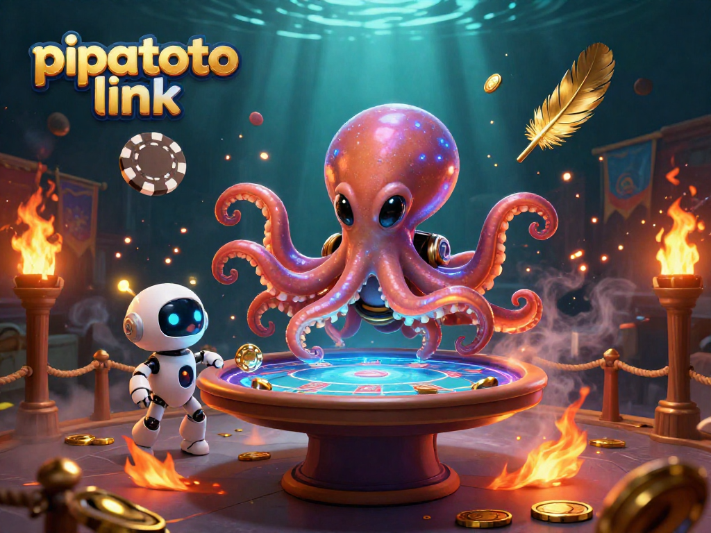 Pipatoto link showcases a vibrant 3D illustration of an alien octopus dealer with a poker table, surrounded by gaming elements.