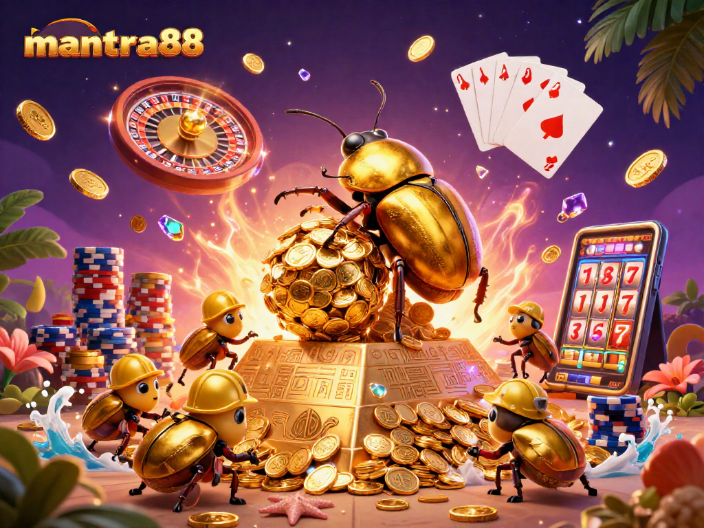 Experience exciting gaming with mantra88, showcasing a golden dung beetle rolling coins and casino symbols.