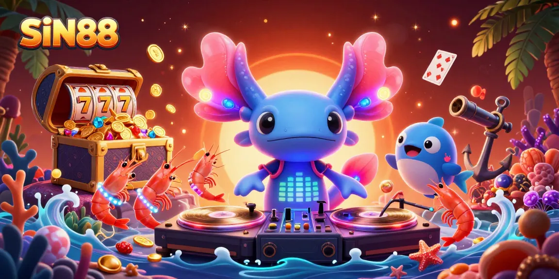 SIN88 Casino Scene featuring a vibrant axolotl DJ and animated shrimp amidst exploding treasure chests.