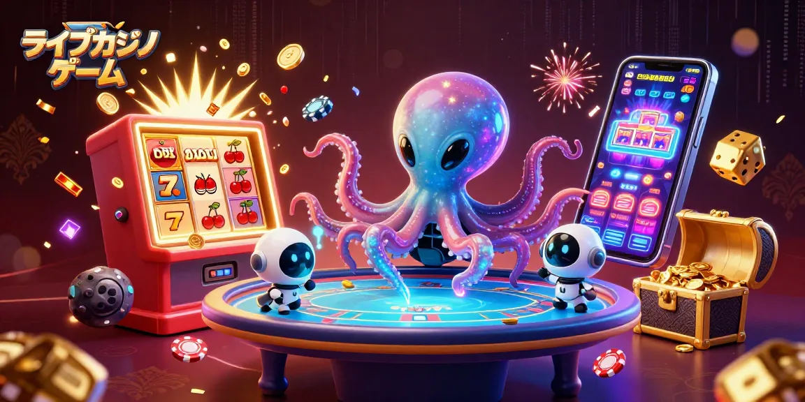 ライブカジノゲームを楽しむために、宇宙のタコとロボットがホロテーブルで対戦中の様子です。