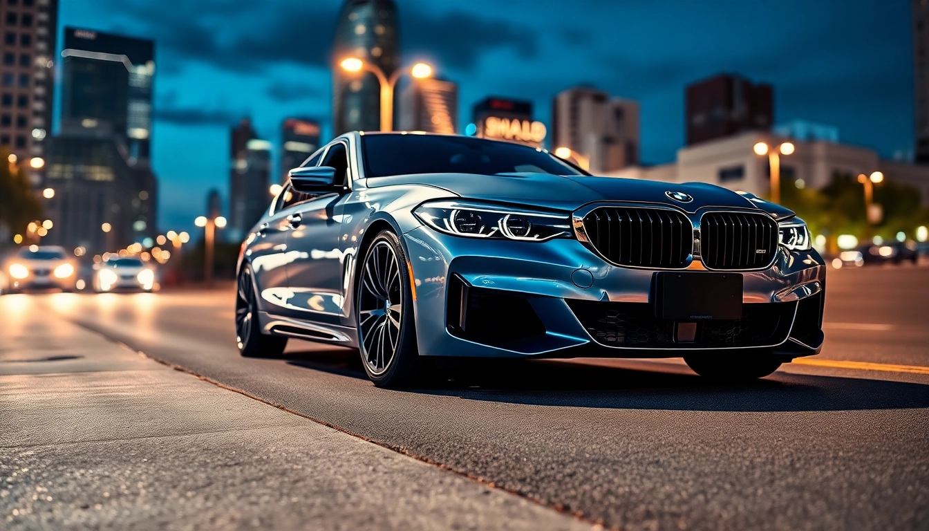 Luxury BMW car parked elegantly on an urban street, highlighting its design and luxury attributes.