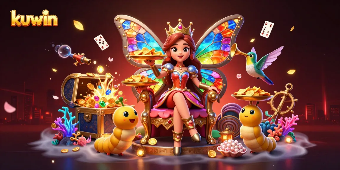 Kuwin casino illustration showcasing a butterfly queen amid casino-themed treasures and vibrant gameplay