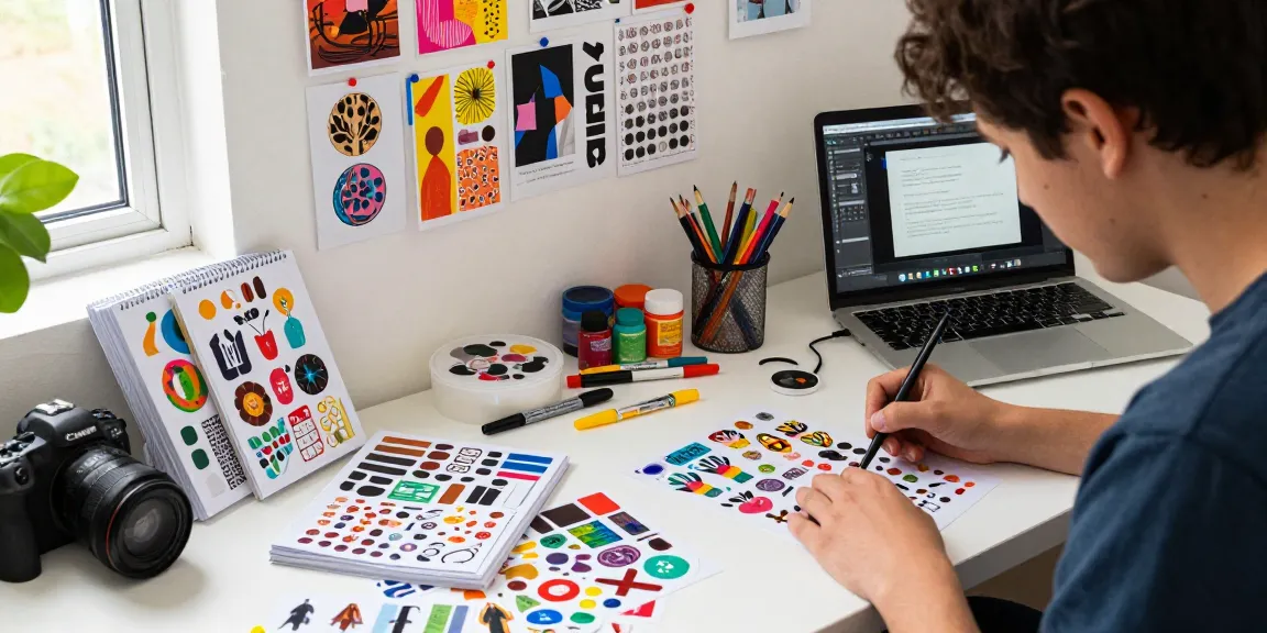 Creating custom reusable sticker book designs with vibrant stickers and art supplies.