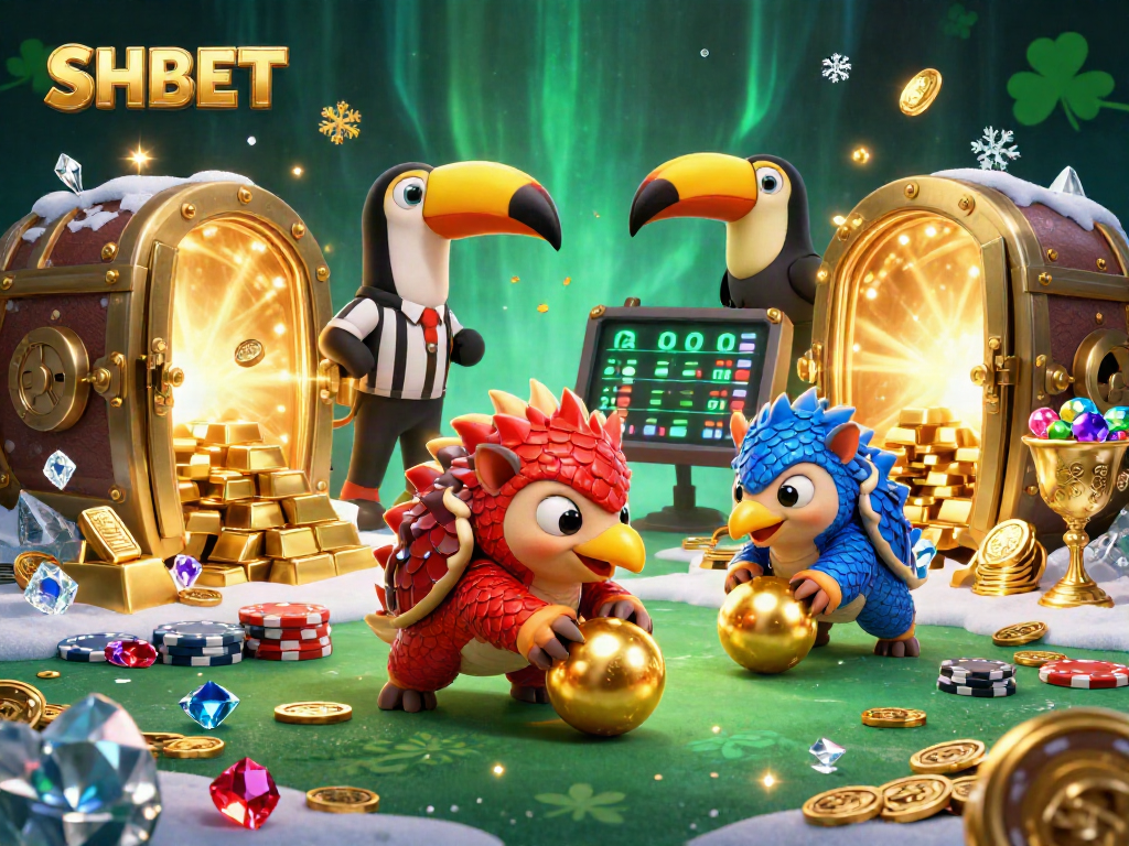 SHBET showcases rival pangolins in a lively gaming scene filled with poker chips and treasures.