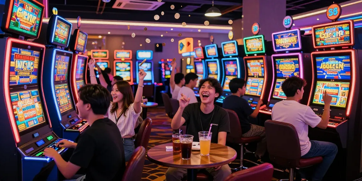Kemeriahan pemain slot gacor di kasino dengan mesin slot berwarna-warni dan suasana yang meriah.