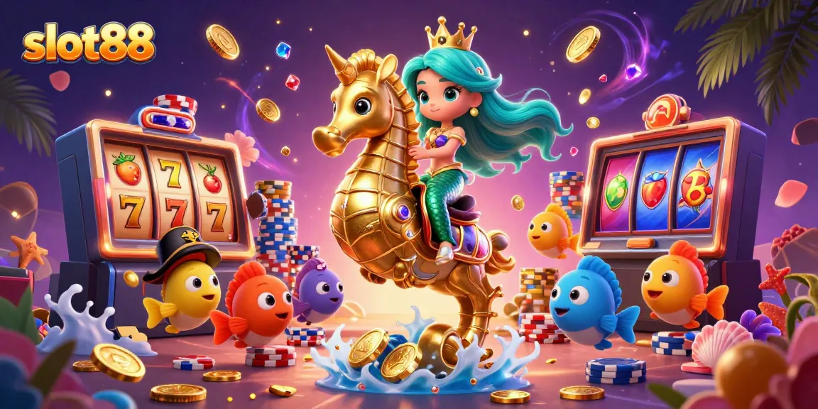 Engage with slot88 through a vibrant illustration of a mermaid and seahorse in a dynamic casino setting.