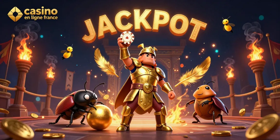Casino en ligne France : illustration captivante d'un scarabée héros champion et ses alliés, symbolisant la chance et le jackpot.