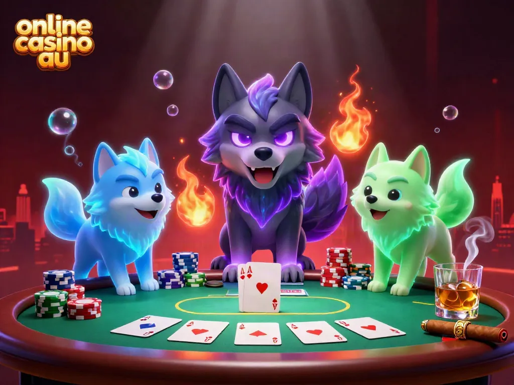 Exciting gameplay at an online casino au with animated wolf characters at a poker table.