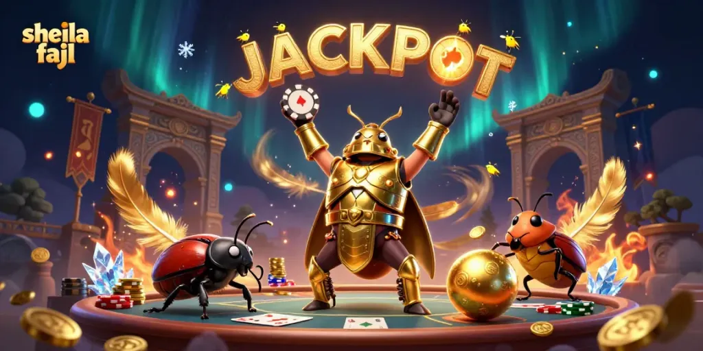Sheila Fajl brings excitement to poker with this illustration of a victorious beetle and fireflies spelling JACKPOT.