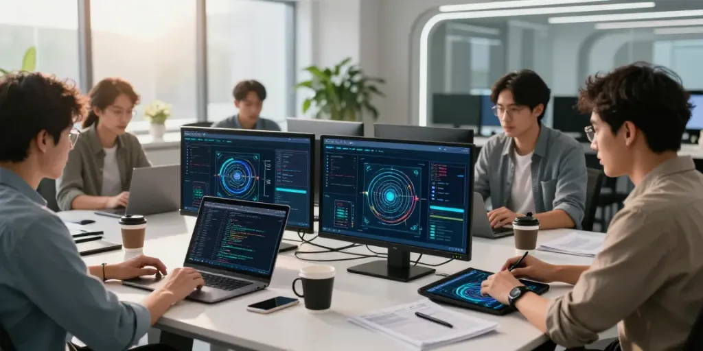 AI engineers discussing GPU computing strategies in a modern workspace.